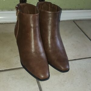 JustFab Brown Pointed Faux-Leather Ankle Booties with Side Zipper